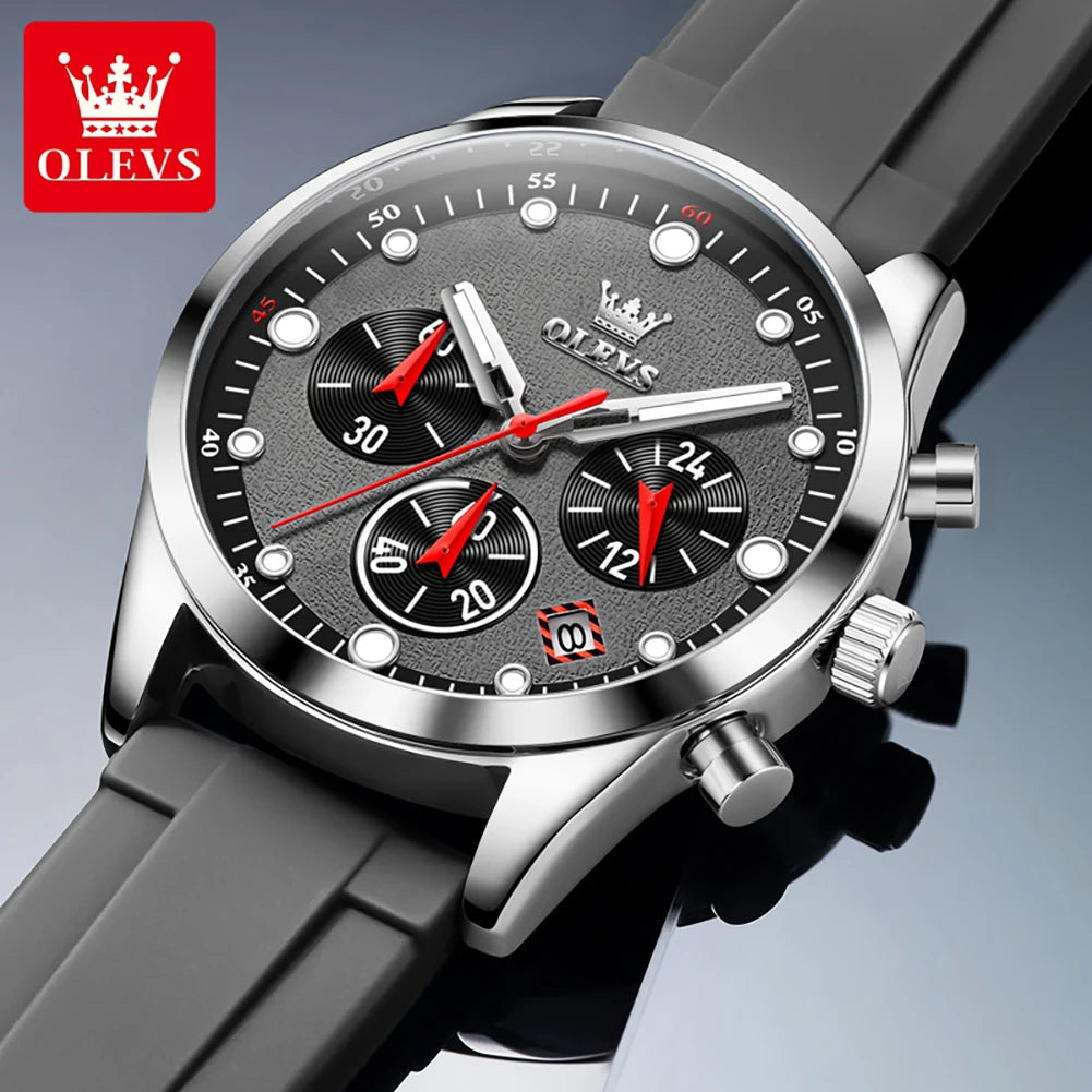 OLEVS Luxury Watch for Men Silicone Strap Waterproof Luminous Chronograph Classic Man Watch Top Original Quartz Men'S Watch 2024