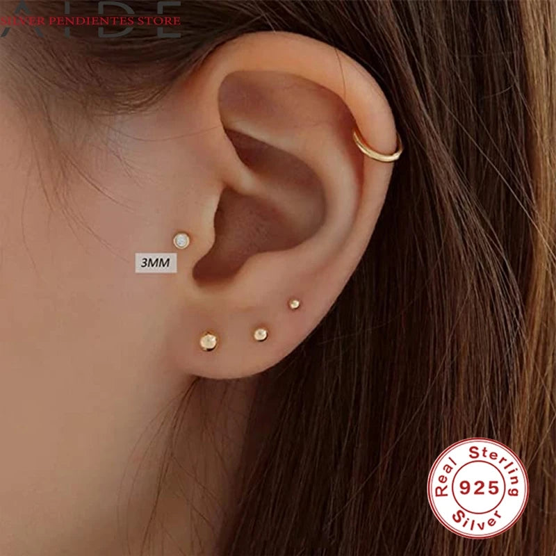 3Pcs round Zircon Gold Earrings for Women Real 925 Sterling Silver Mini Diamond Earrings Fashion Jewelry Pendientes Plata