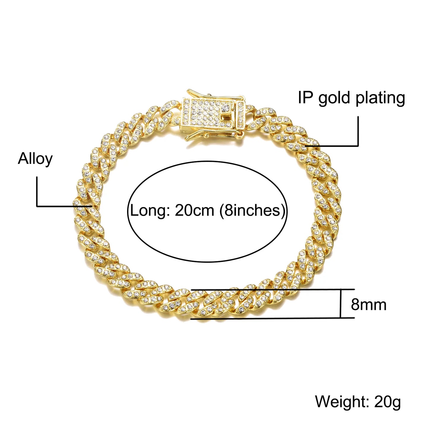 Male 8MM Gold Cuban Chain Bracelet Iced Out Zircon Men Women Jewelry