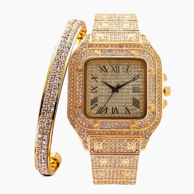 Iced Out Watch + Bangle for Women Bling Miami Bracelet Iced Out Watch for Women Luxury Gold Watch Set Women Relojes Para Mujer