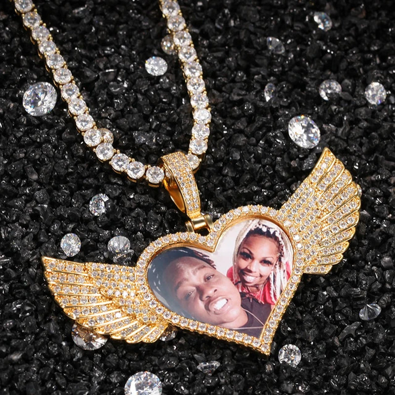 Custom Photo Necklace Heart with Wing Men Charm Hiphop Bling Iced Out Jewelry for Gift Tennis Chain