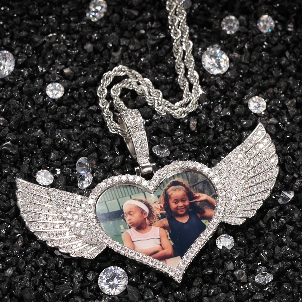 Custom Photo Necklace Heart with Wing Men Charm Hiphop Bling Iced Out Jewelry for Gift Tennis Chain