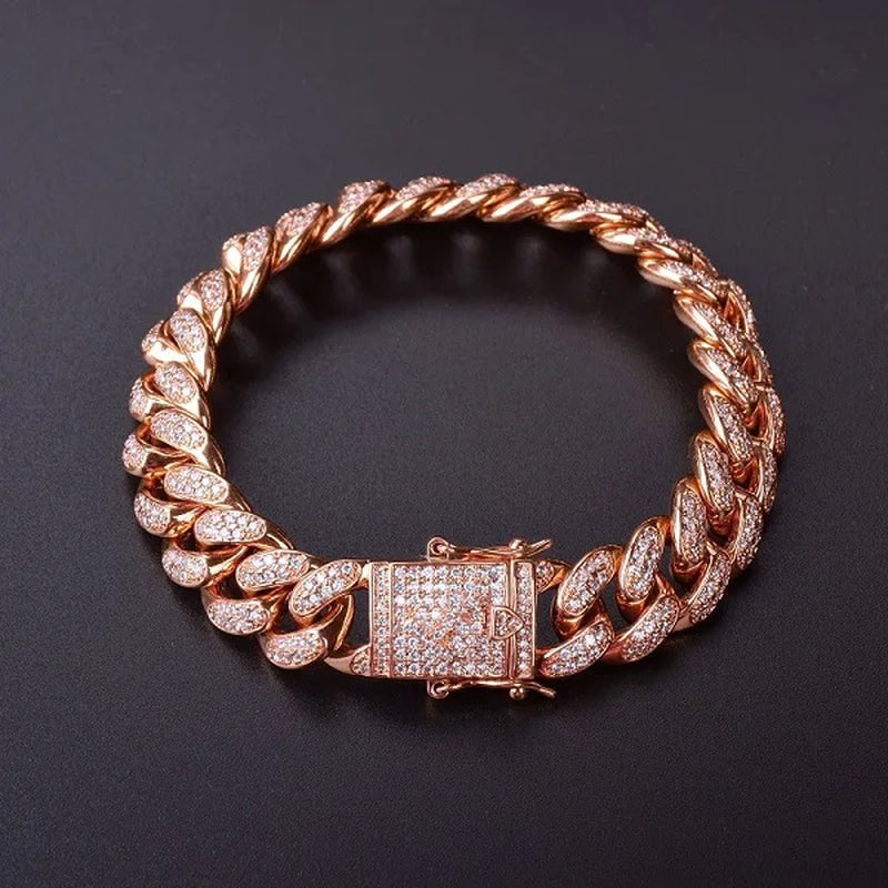 12MM Cuban Link Bracelet for Women Iced Out CZ Charms Hip Hop Jewelry Rock Street 2022 Trends