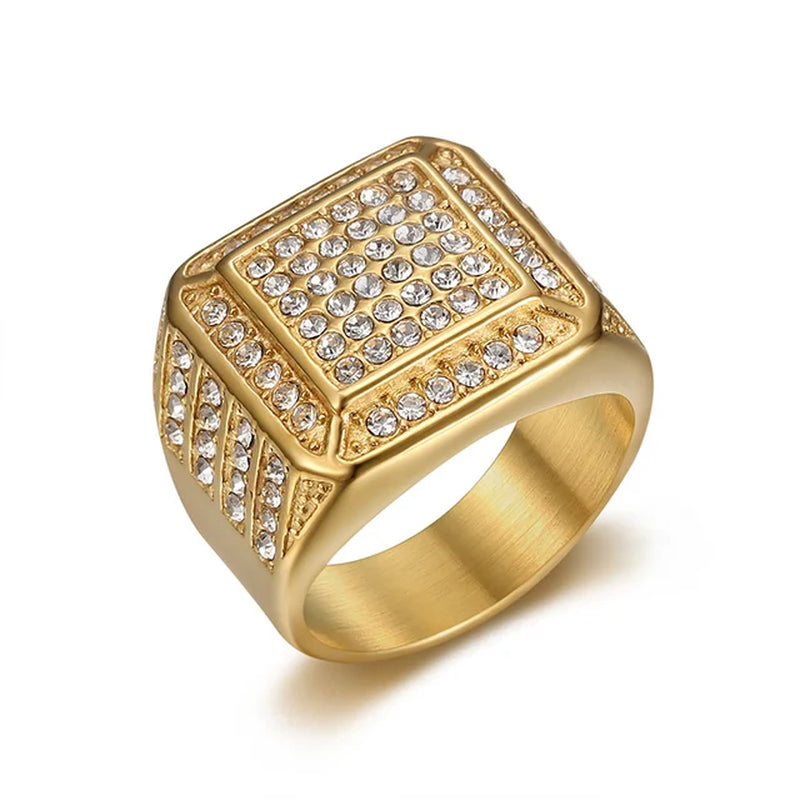 HIP Hop Rhinestone Paved Bling Iced Out Stainless Steel Geometric Square Finger Ring for Men Rapper Jewelry Gift