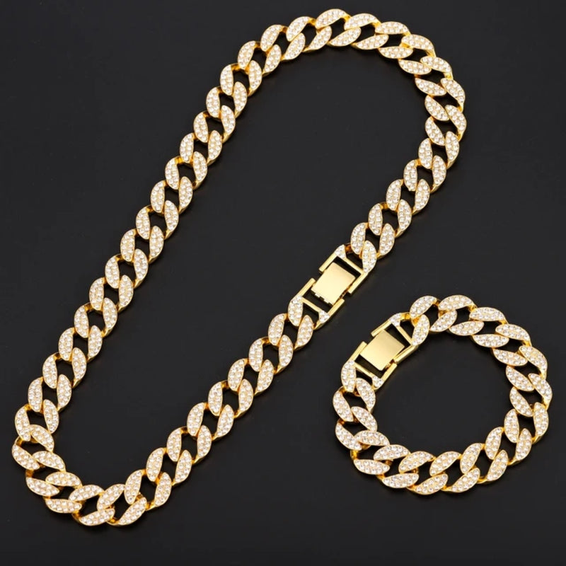 Hip Hop Prong Cuban Link Chain Necklace & Bracelet Iced Out Bling Cuban Chain Rhinestone Chains for Men Punk Rapper Jewelry