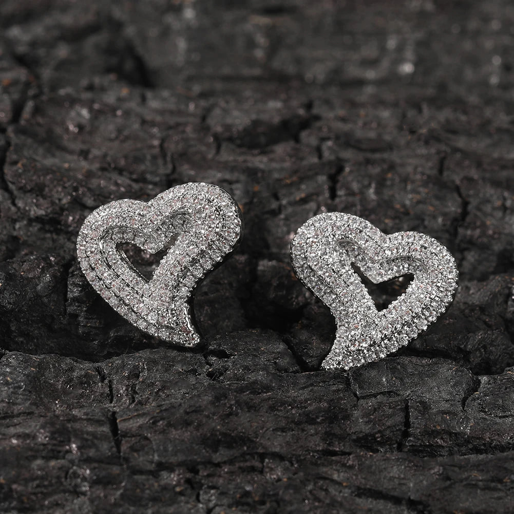 Heart Earrings Openwork Full Iced Out Minimalist Bolt Hollow Out Bling Micro Paved Cubic Zircon Fashion Jewelry Gift