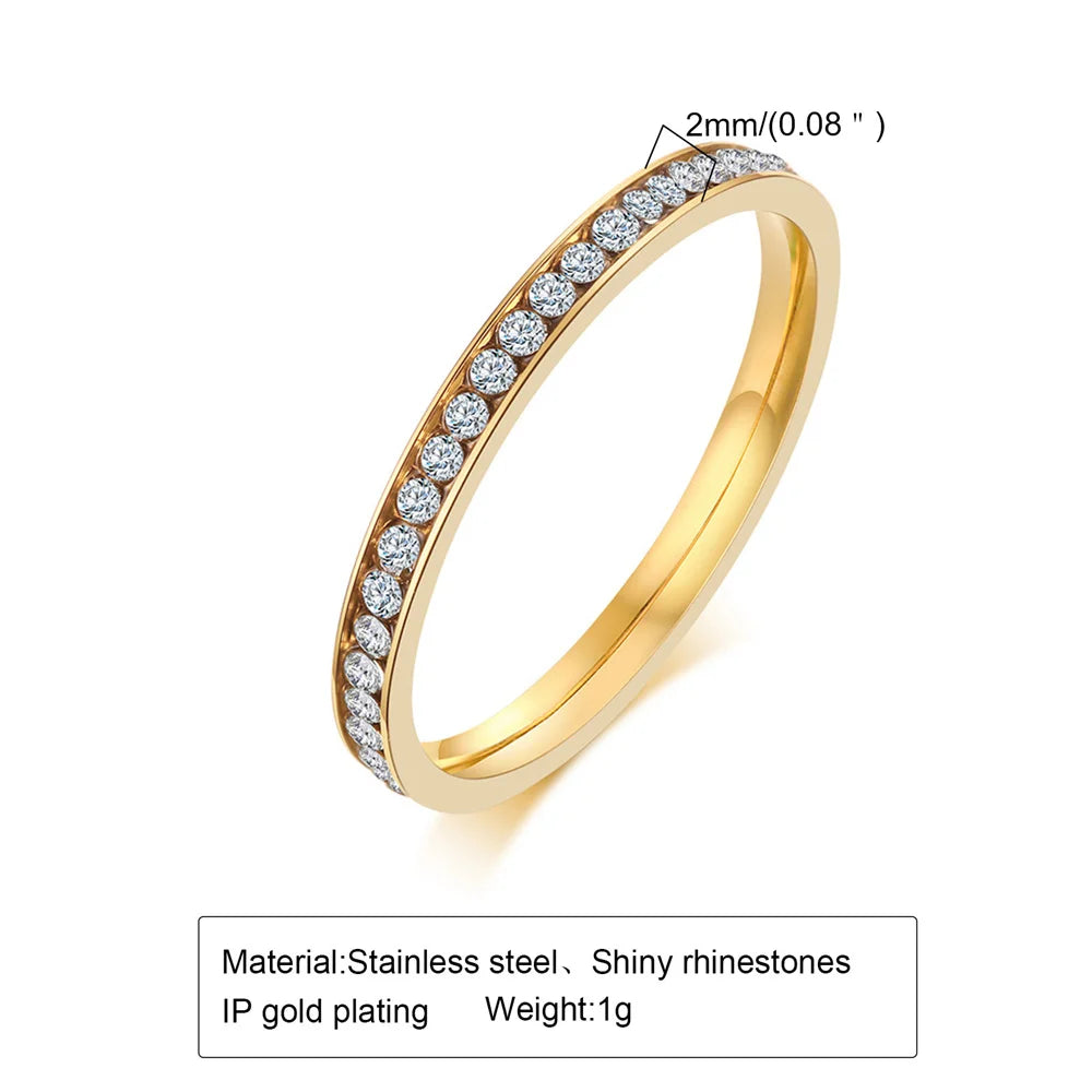 2Mm Iced Out Cubic Zirconia Ring Female Gold Silver Color Stainless Steel Wedding Rings for Women Fashion Jewelry Gift