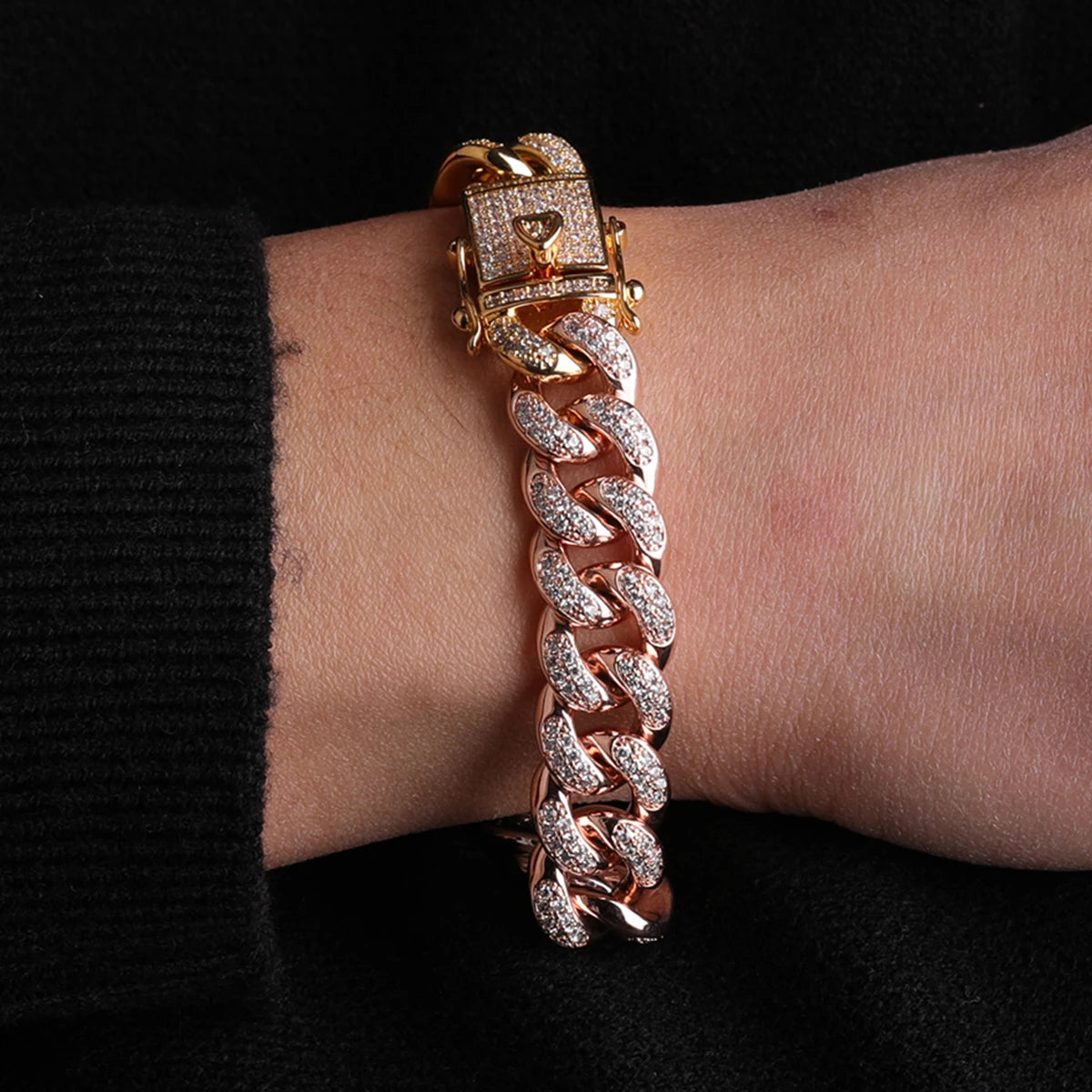 12MM Cuban Link Bracelet for Women Iced Out CZ Charms Hip Hop Jewelry Rock Street 2022 Trends