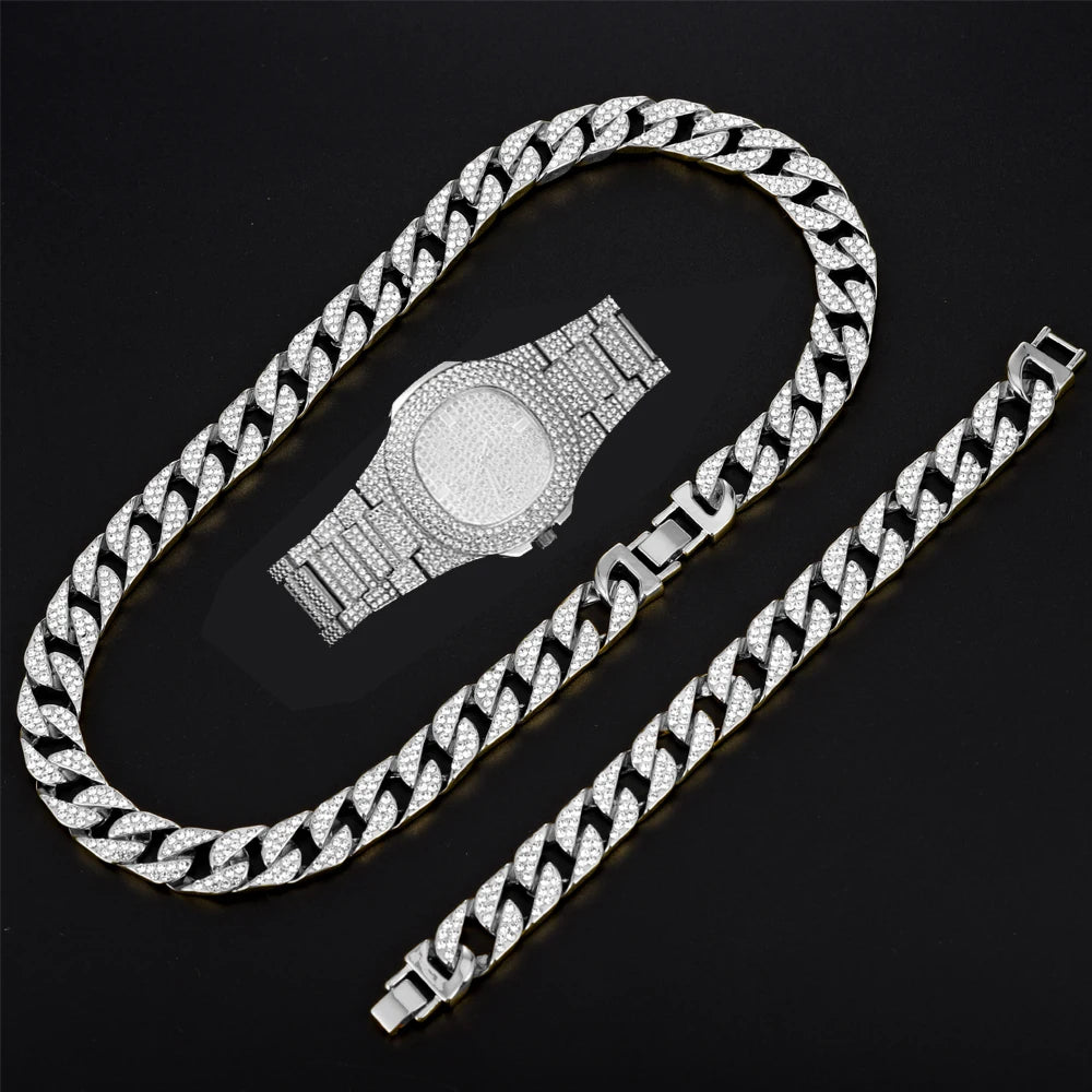 Hip Hop Prong Cuban Link Chain Necklace & Bracelet Iced Out Bling Cuban Chain Rhinestone Chains for Men Punk Rapper Jewelry