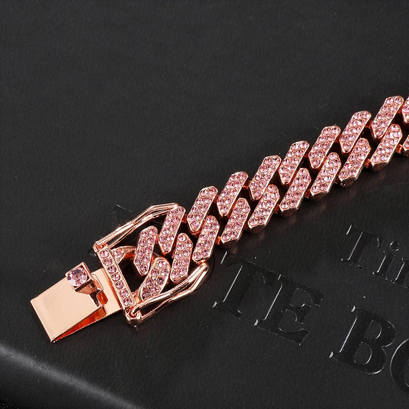 Hop 12MM Prong Cuban Chain Full Iced Out Paved Pink Rhinestones Miami CZ Bling Rapper Necklaces Bracelets for Women Jewelry