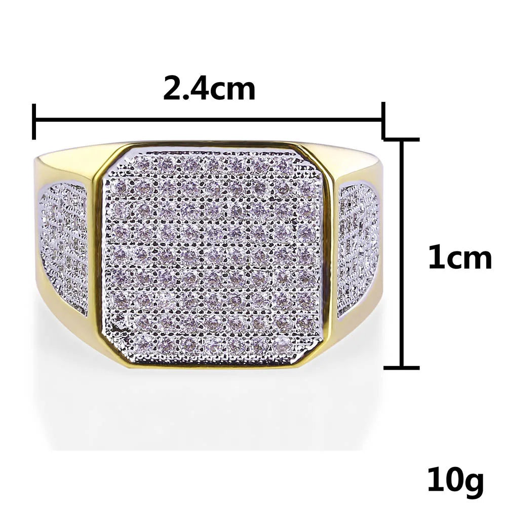 New Design, Gold Color Plated Ring, Micro Paved Big Zircon, Hip Hop Finger Ring for Men and Women