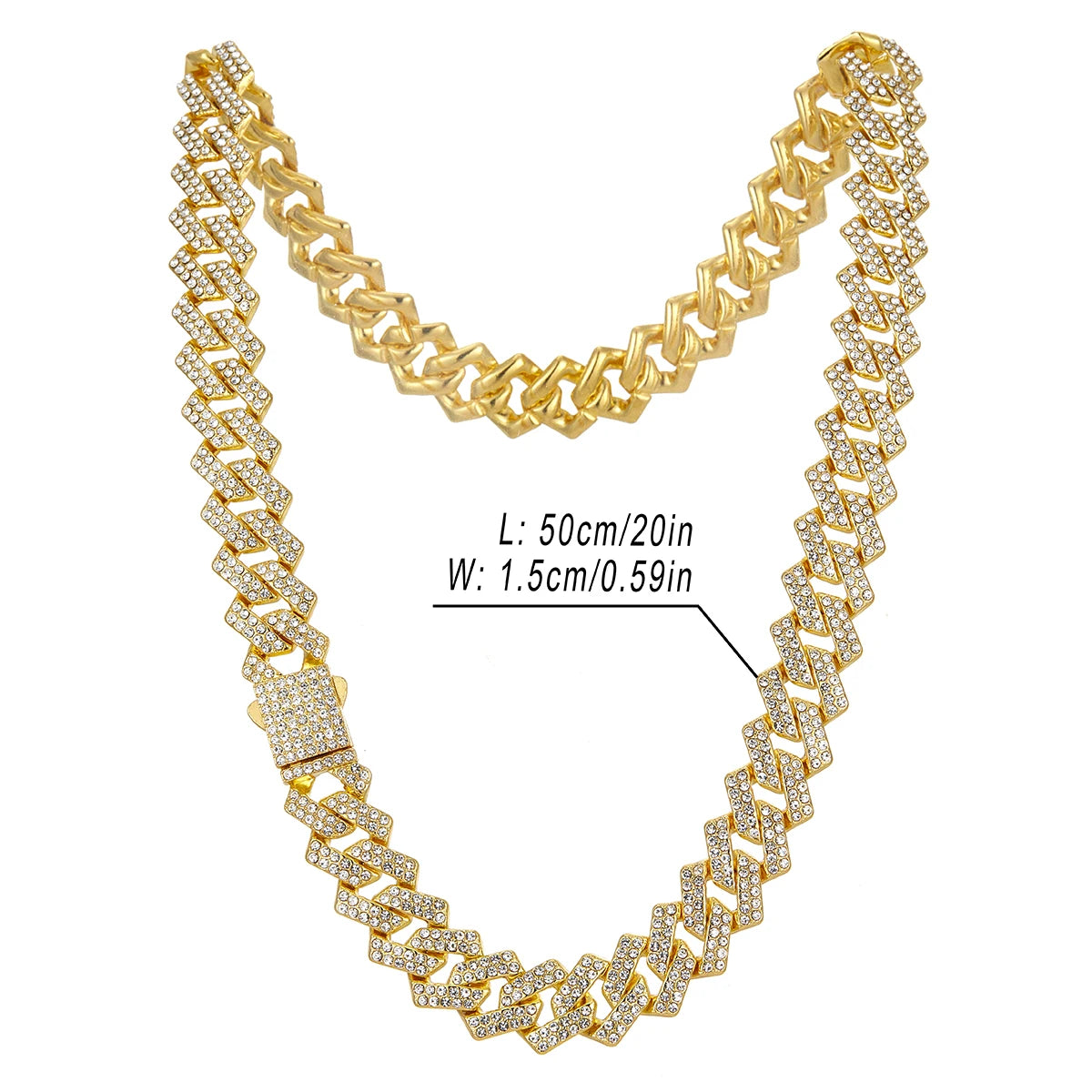 Men'S 15MM Cuban Chain Iced Silvery/Golden Miami Cuban Necklace Shiny Necklace Bracelet Hip Hop Jewelry