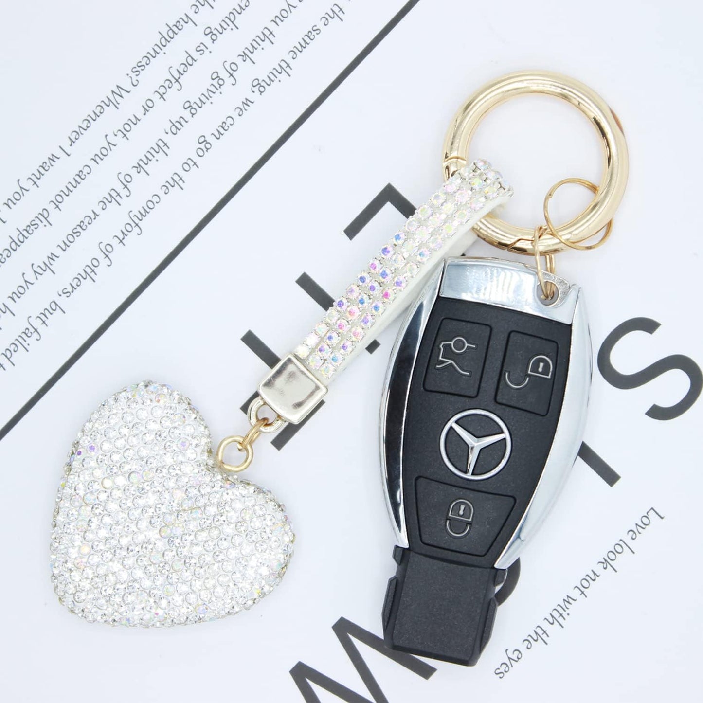 Rhinestone Heart Shape Keychains Glitter Crystal Heart Key Rings Bling Premium Crystal Key Chain Leather Bag Charm for Women Girls (White)