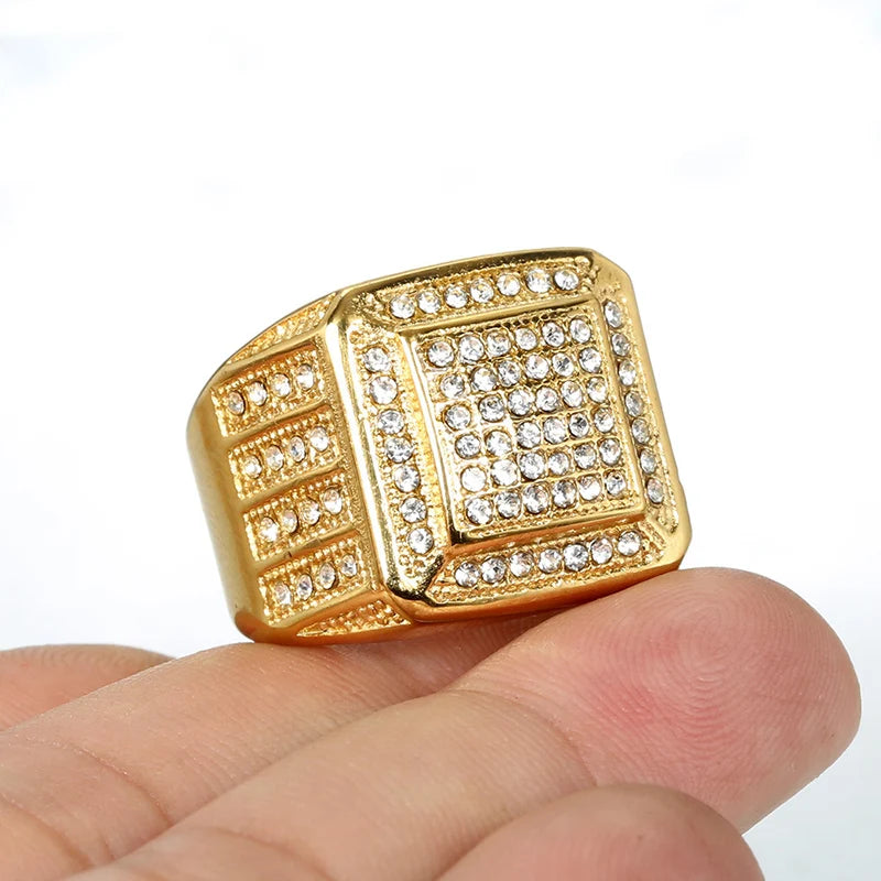 HIP Hop Rhinestone Paved Bling Iced Out Stainless Steel Geometric Square Finger Ring for Men Rapper Jewelry Gift