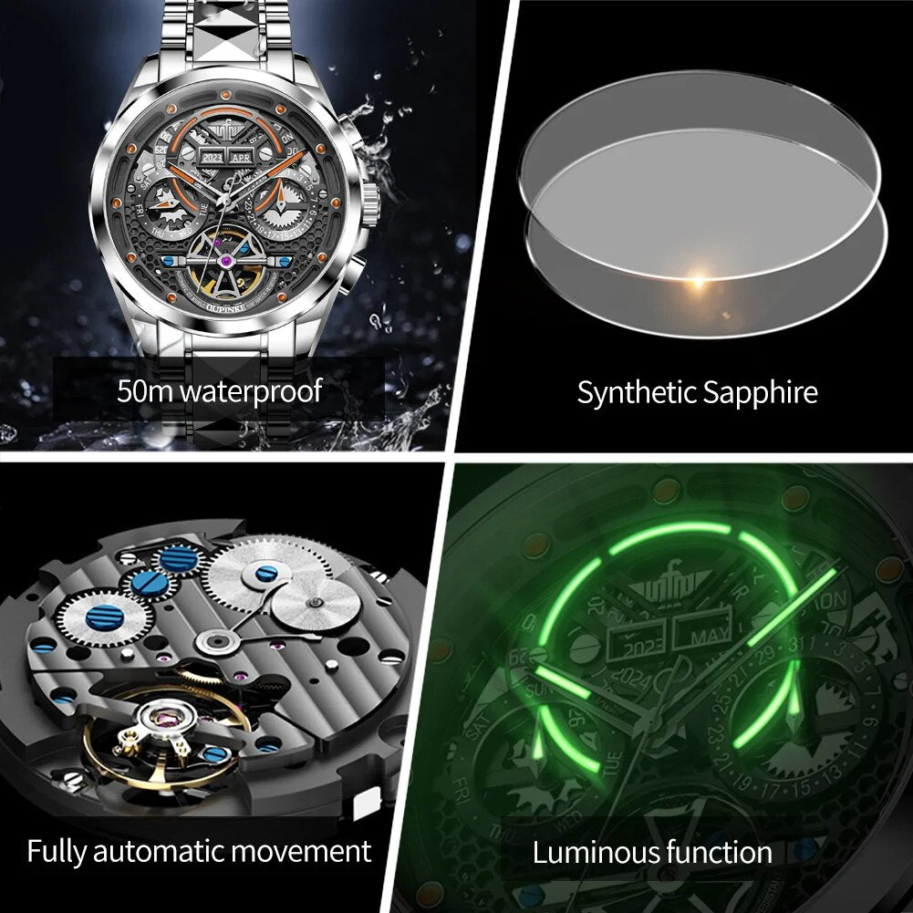 Original New in Skeleton Automatic Watch for Men Tungsten Steel Mechanical Wristwatch Multi-Functions Business Man Watch