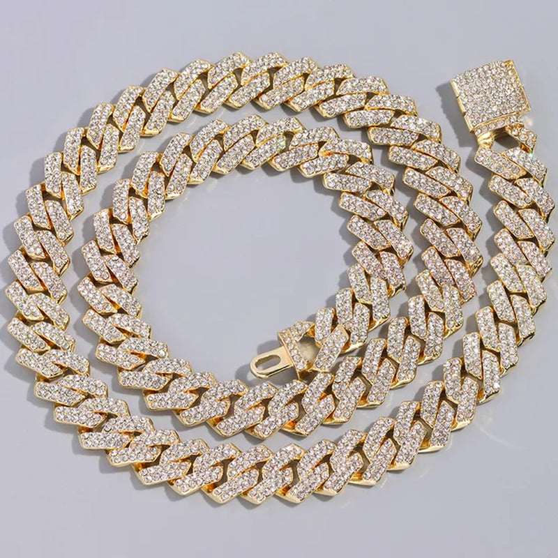 14Mm Iced Out Rhombus Prong Cuban Link Chain Necklace for Women Color Rhinestones Paved Cuban Choker Necklace Hiphop Men Jewelry