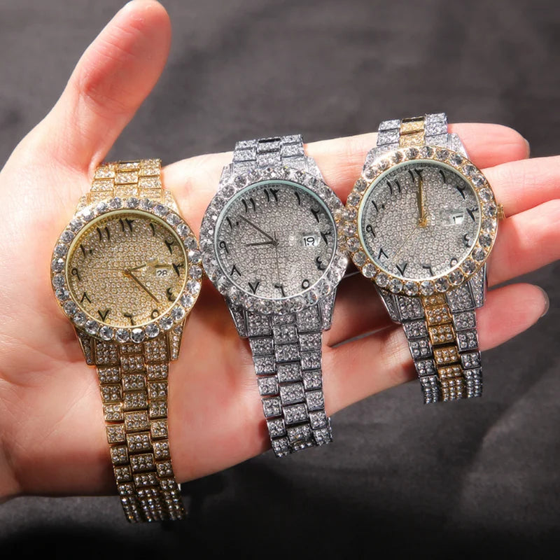 Big Dial Watch for Men Full Iced Out CZ Stainless Steel Belt Luxury Quartz Wrist Watches Hip Hop Watch