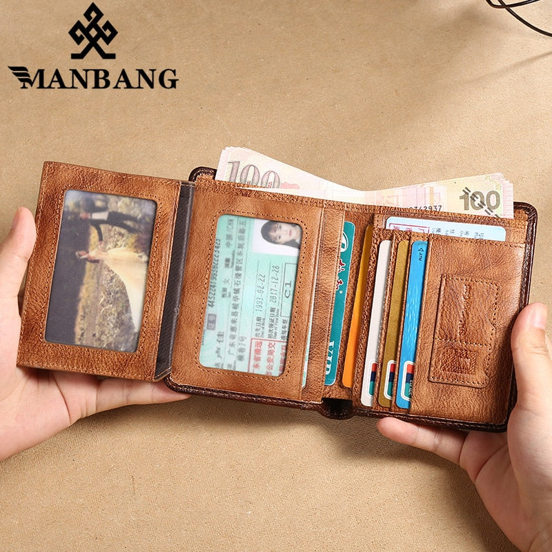 Men'S Wallets RFID Genuine Leather Trifold Wallets for Men with ID Window and Credit Card Holder