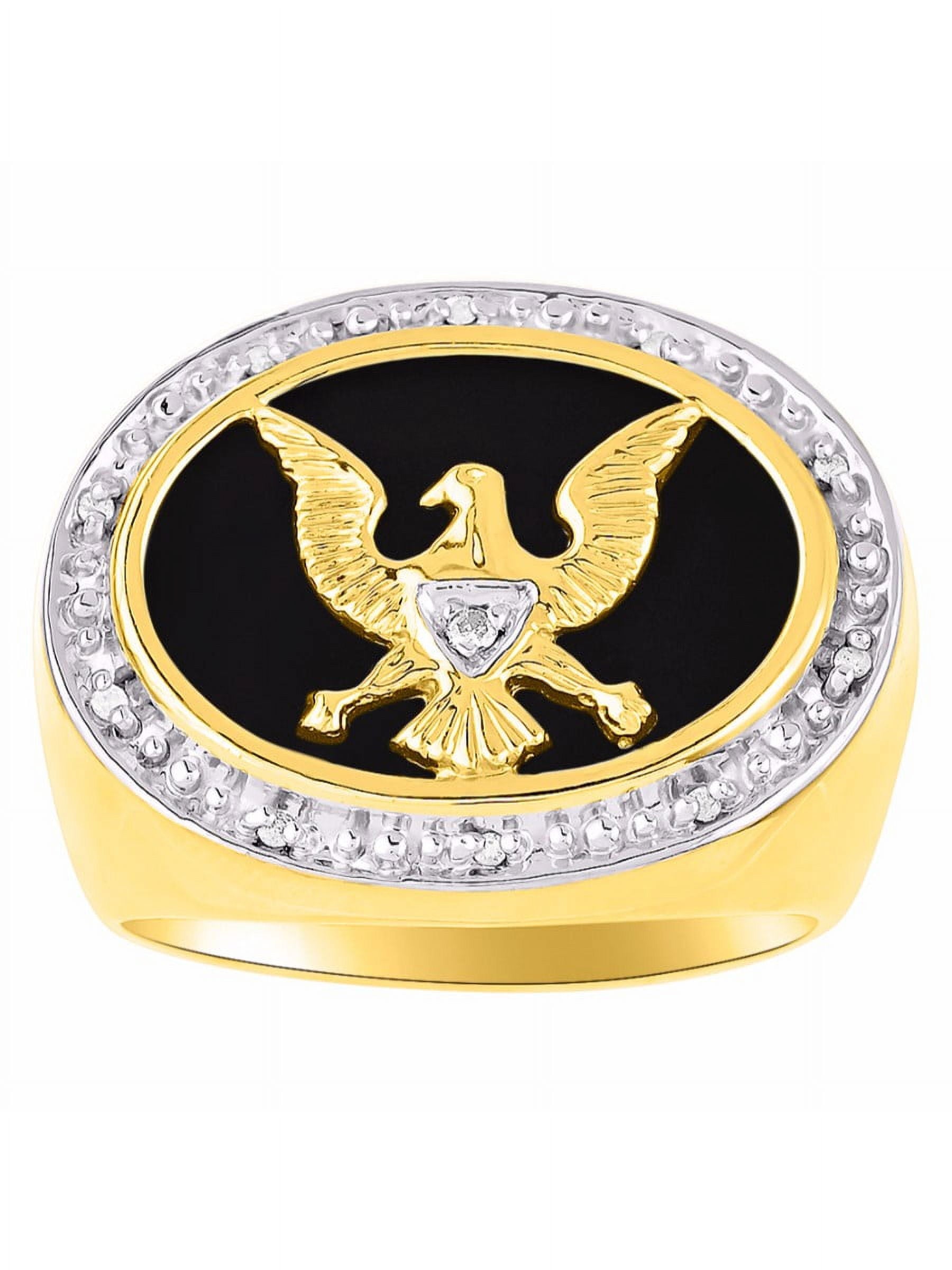 Mens Rings 14K Yellow Gold Ring Designer Patriotic Eagle USA Ring with Diamonds and Black Onyx Rings for Men Men'S Rings Gold Rings Sizes 8,9,10,11,12,13 Mens Jewelry