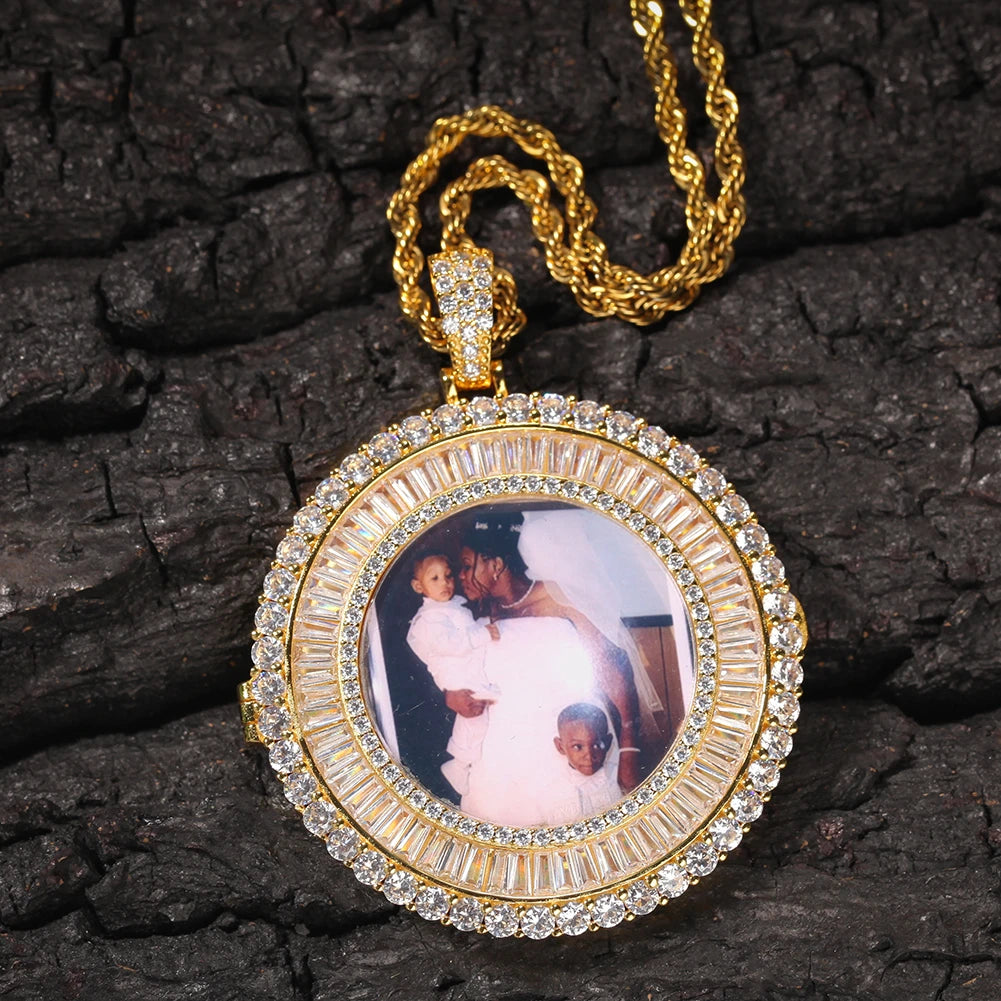 Bagnette Custom Photo Necklace Charm Hiphop Bling Iced Out AAA Cubic Zircon Hiphopjewelry for Gift Tennis Chain