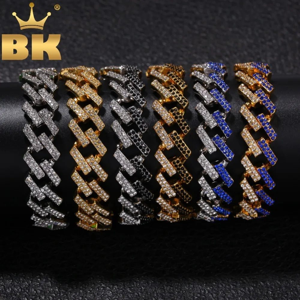 Fashion Mens Bracelet Full Iced Out Rhinestones 15Mm Prong Cuban Link Blue/Black Multi-Colored Hiphop Bracelets