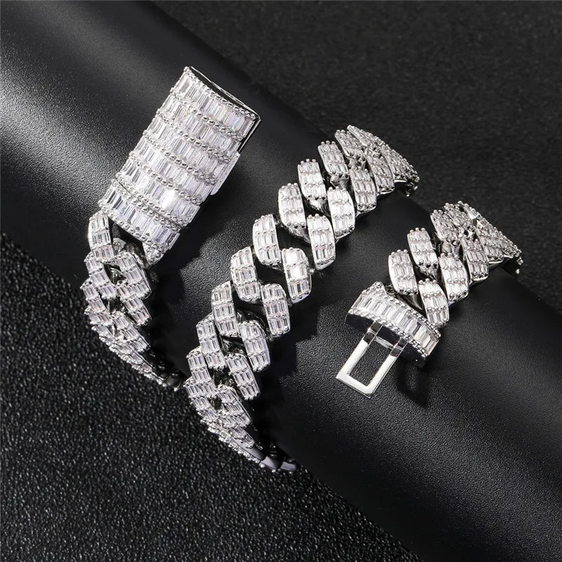 17MM Baguette Miami Cuban Link Necklace CZ Iced Out Chain Fashion Luxury Bling Men'S Hip Hop Jewelry