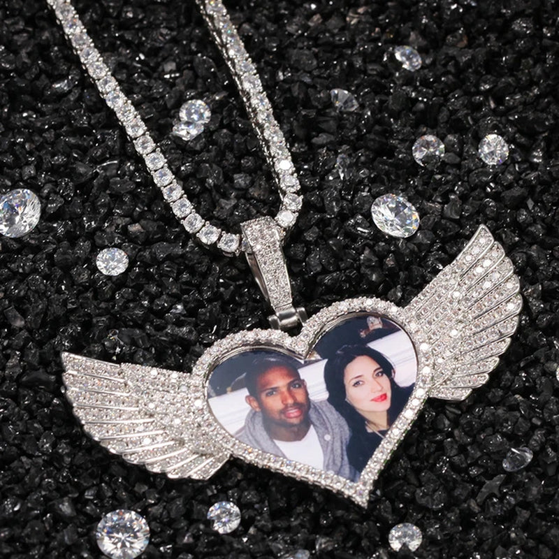 Custom Photo Necklace Heart with Wing Men Charm Hiphop Bling Iced Out Jewelry for Gift Tennis Chain