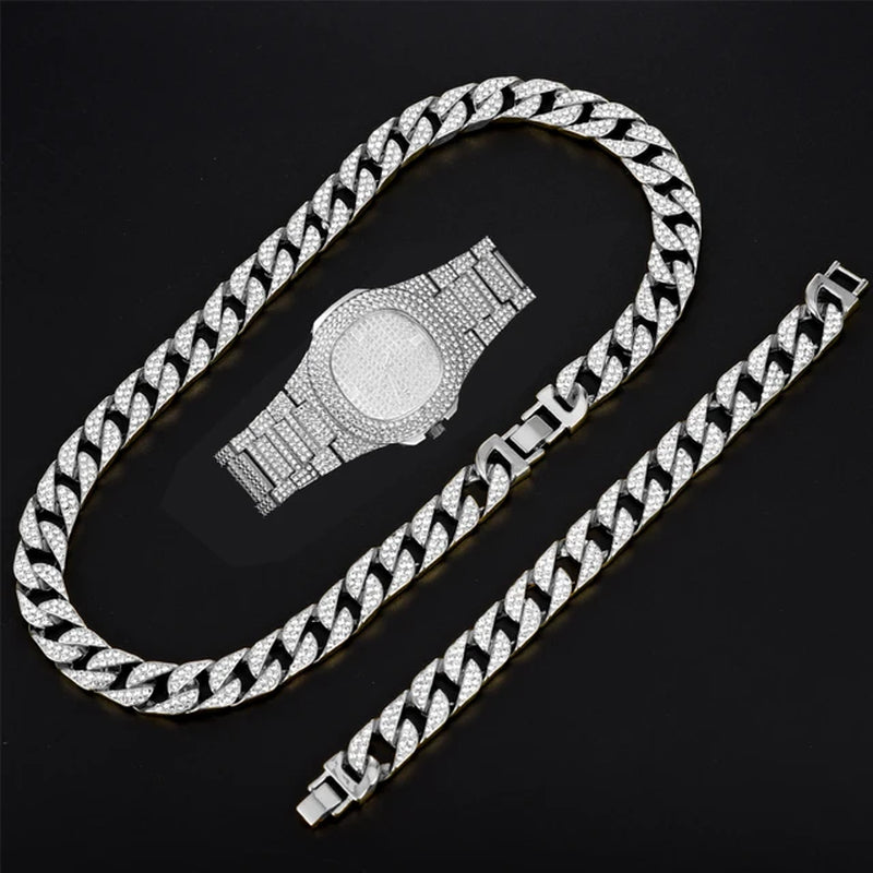 Hip Hop Prong Cuban Link Chain Necklace & Bracelet Iced Out Bling Cuban Chain Rhinestone Chains for Men Punk Rapper Jewelry