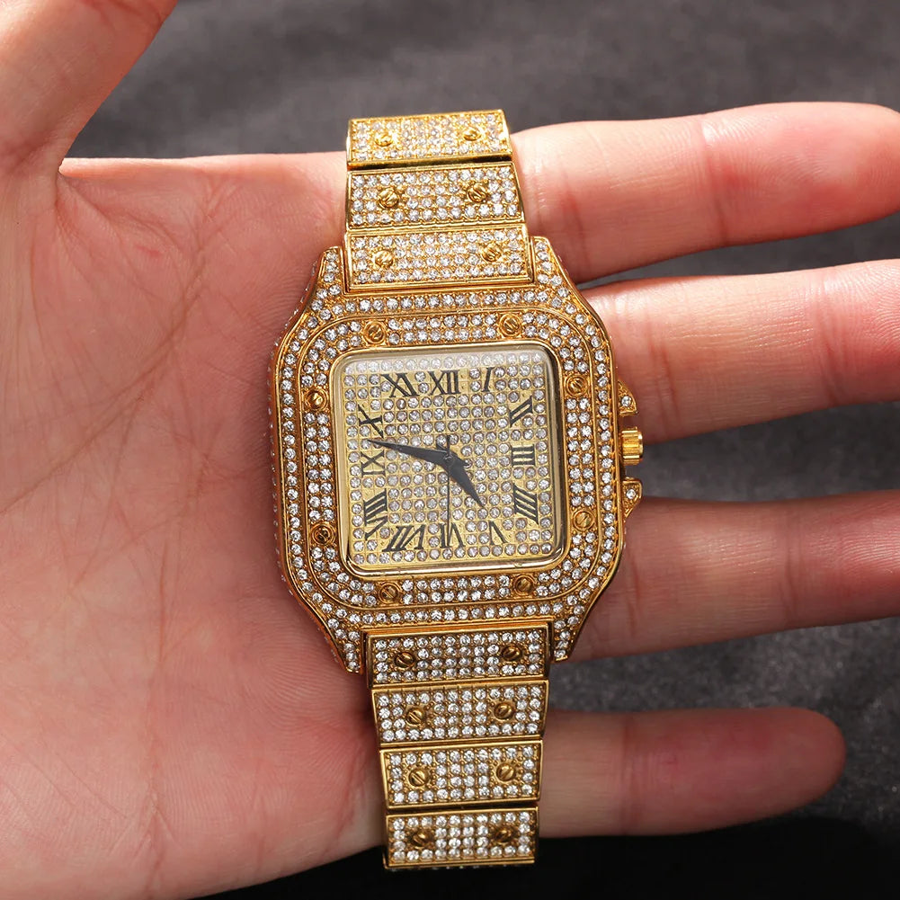 Watches for Men Luxury Hiphop Iced Out Watches Gold Sliver Rhinestone Quartz Square Wristwatch Relogio Masculino Groomsmen Gifts