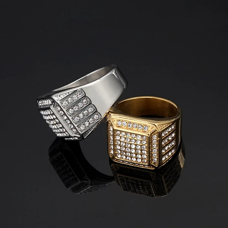 HIP Hop Rhinestone Paved Bling Iced Out Stainless Steel Geometric Square Finger Ring for Men Rapper Jewelry Gift