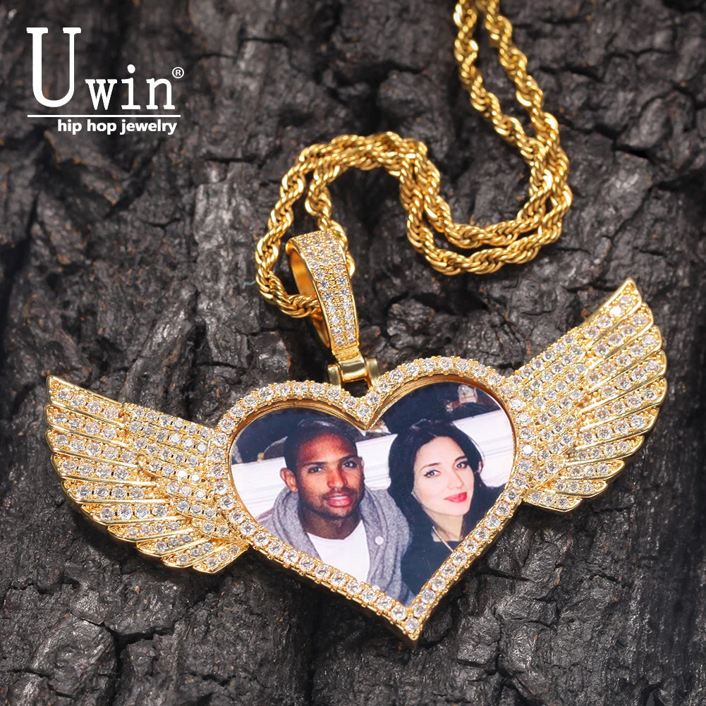 Custom Photo Necklace Heart with Wing Men Charm Hiphop Bling Iced Out Jewelry for Gift Tennis Chain