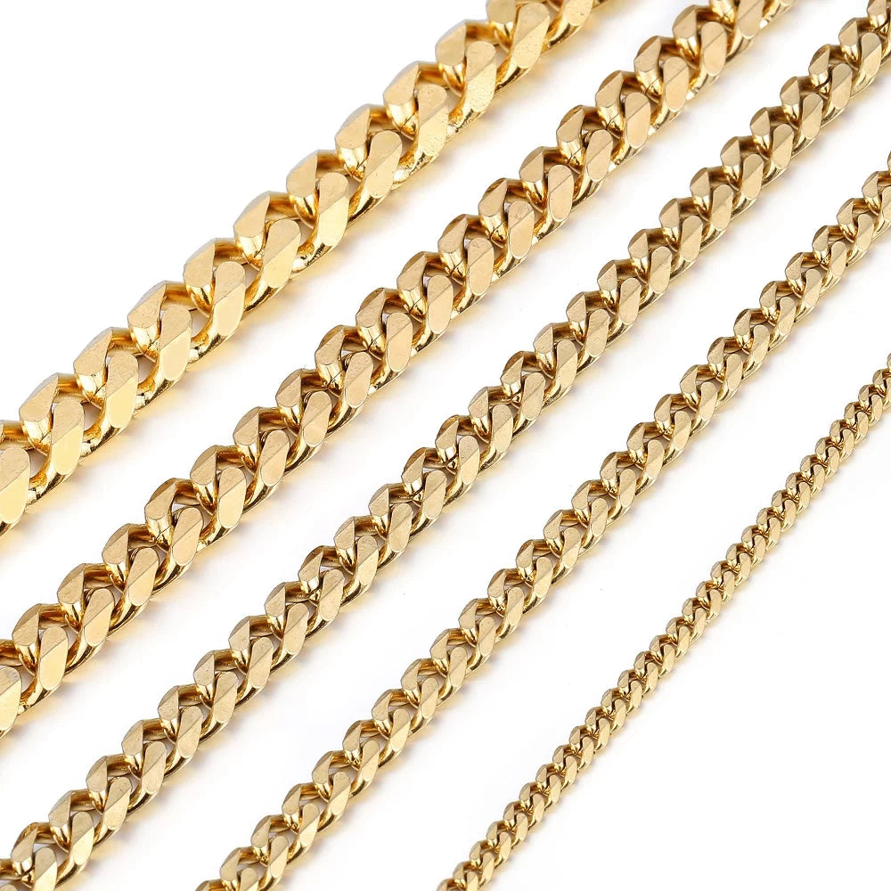 3/5/7/9/11Mm Wide 16"-30" Mens Gold Plated Stainless Steel Chain Cuban Curb Necklace