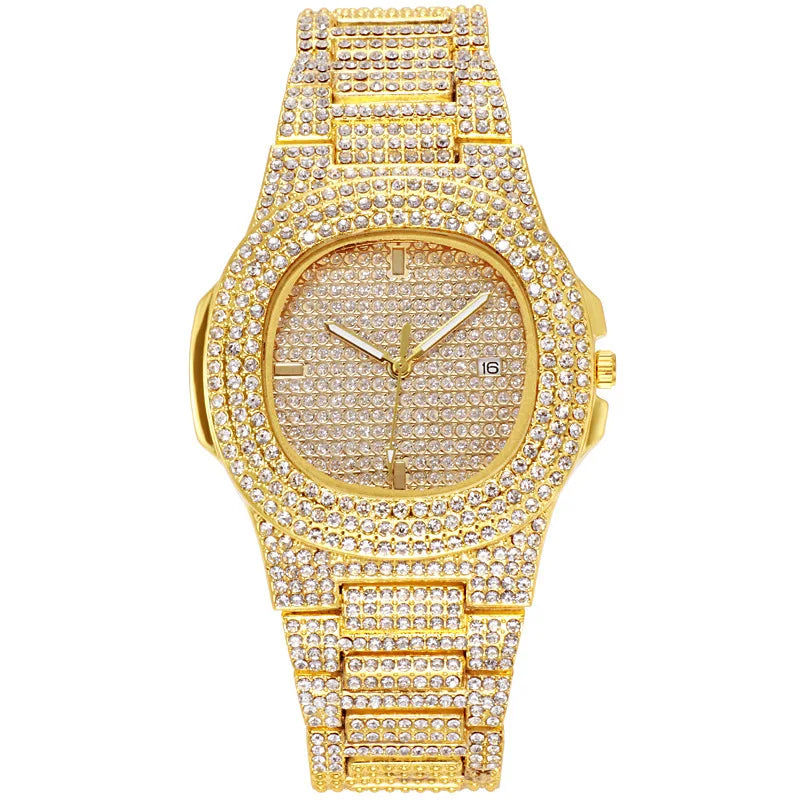 Brand Iced Out Diamond Watch Quartz Gold HIP HOP Watches with Micropave CZ Stainless Steel Watch Clock Relogio