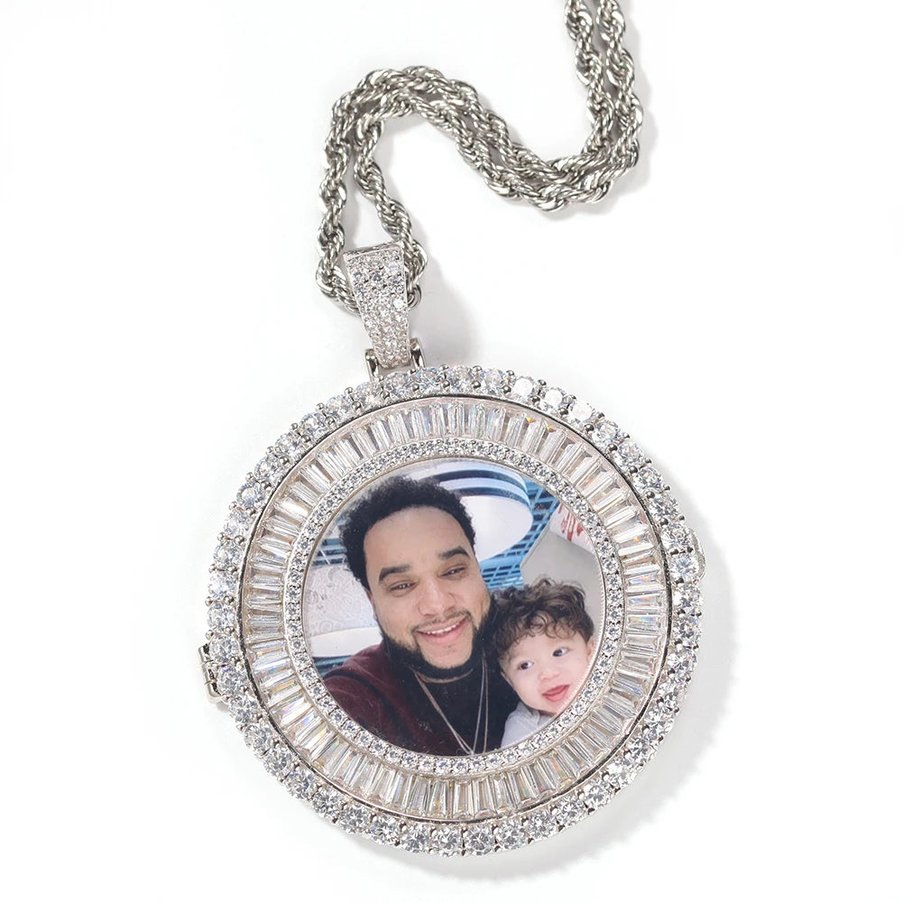 Bagnette Custom Photo Necklace Charm Hiphop Bling Iced Out AAA Cubic Zircon Hiphopjewelry for Gift Tennis Chain