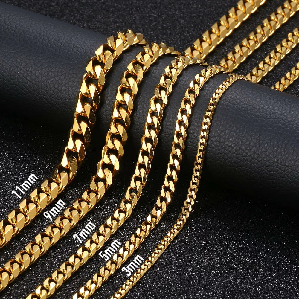 3/5/7/9/11Mm Wide 16"-30" Mens Gold Plated Stainless Steel Chain Cuban Curb Necklace