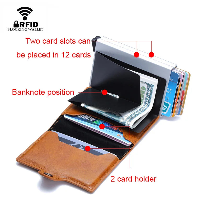 Anti Rfid Credit Card Holder Double Wallet Case Men Aluminum Metal Business Bank Creditcard Passes Holder Leather Pocket Bag