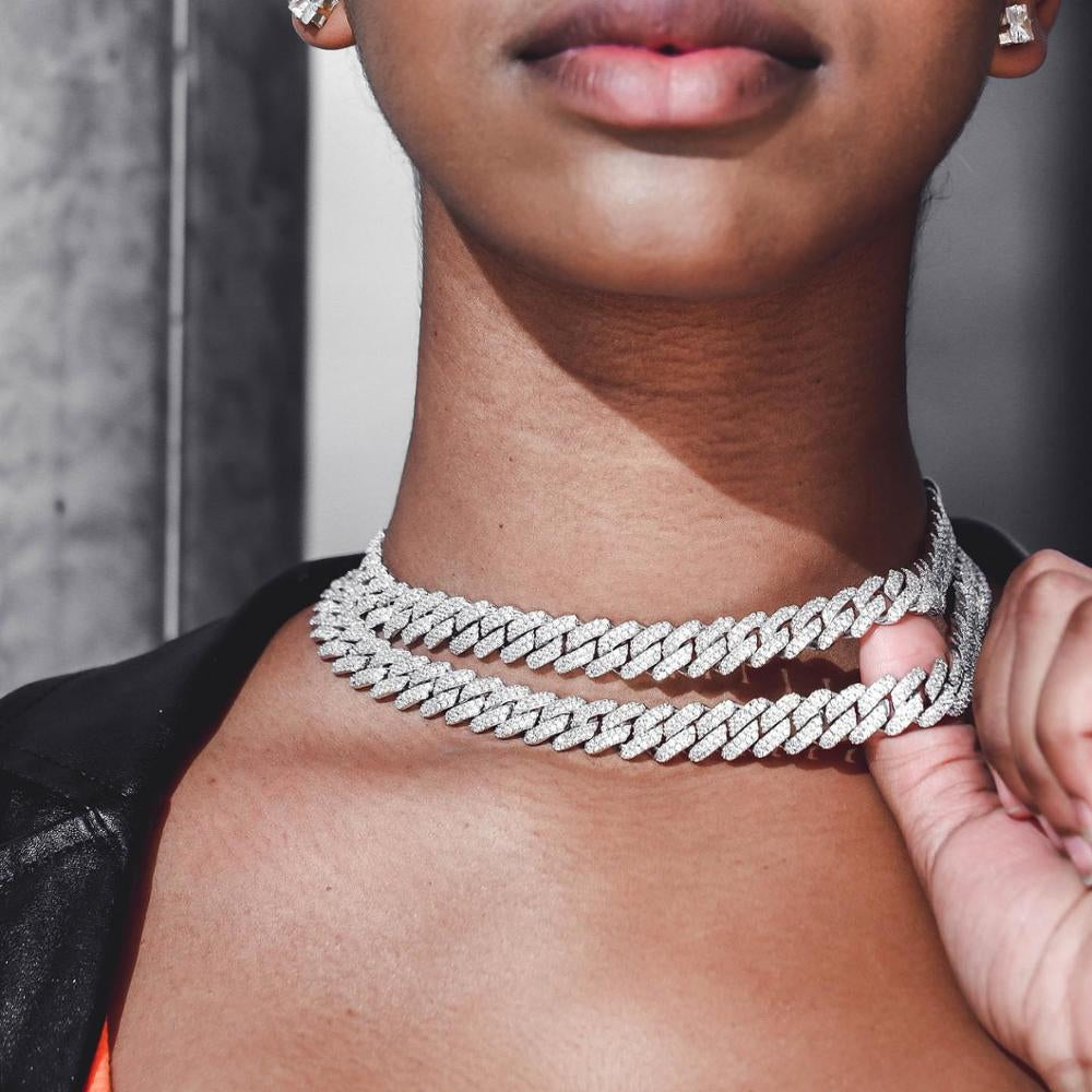 Geometric 12Mm Cz Cuban Chain Choker Necklace for Women Hip Hop Iced Out Bling Cuban Choker 15" 16"