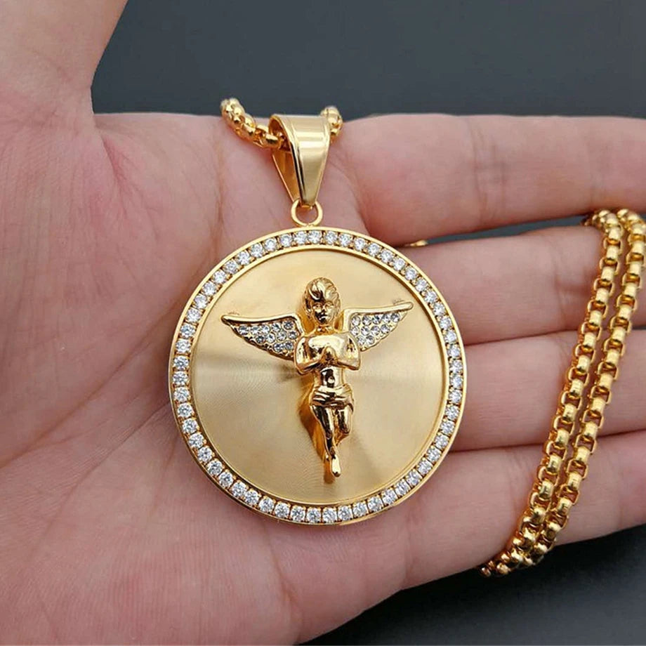 Hip Hop Iced Out Bling Angel Pendant Necklace for Men Gold Color Stainless Steel Rhinestone round Necklace Jewelry Dropshipping