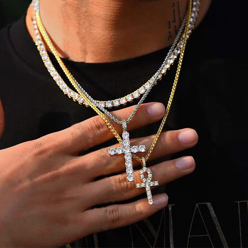 Hiphop Cross Pendant Necklace for Women Jewelry Female Statement Men Iced Out Chain Wholesale Gold Color Homme Jewellery HP003