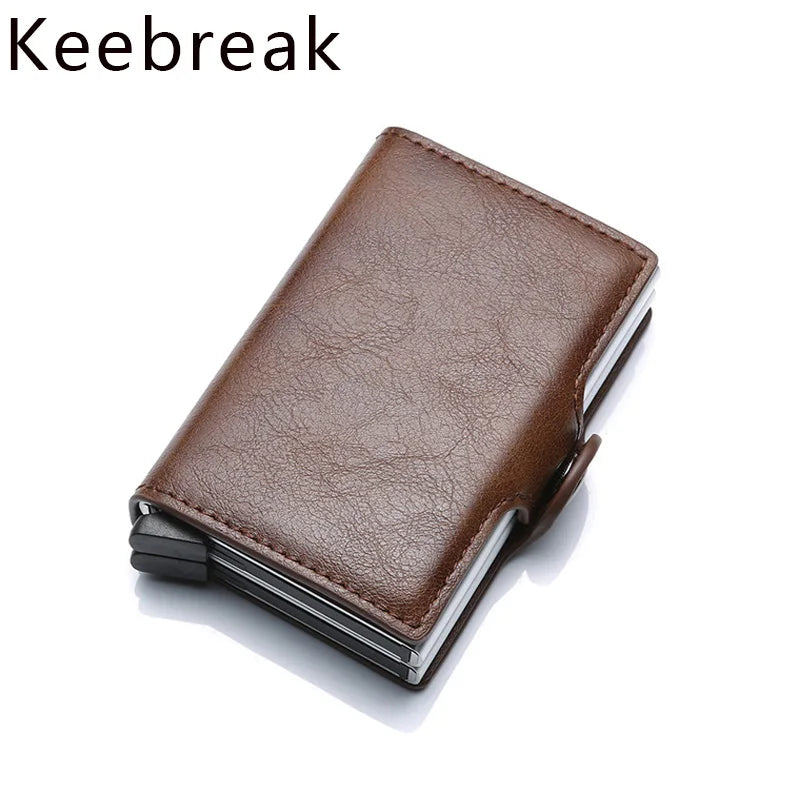 Anti Rfid Credit Card Holder Double Wallet Case Men Aluminum Metal Business Bank Creditcard Passes Holder Leather Pocket Bag