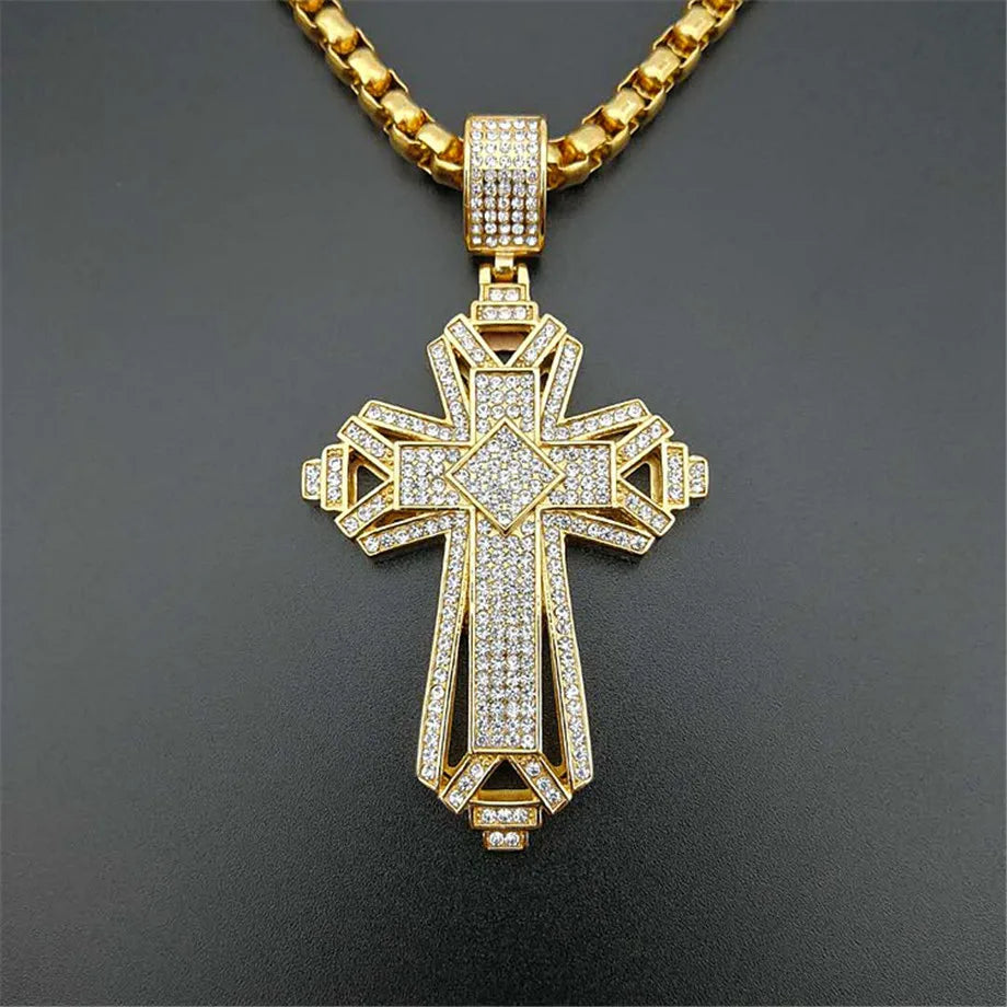 2019 Newest Iced Out Stainless Steel Big Cross Pendant Necklace for Men Gold Color Christian Cruzar Necklace Religious Jewelry