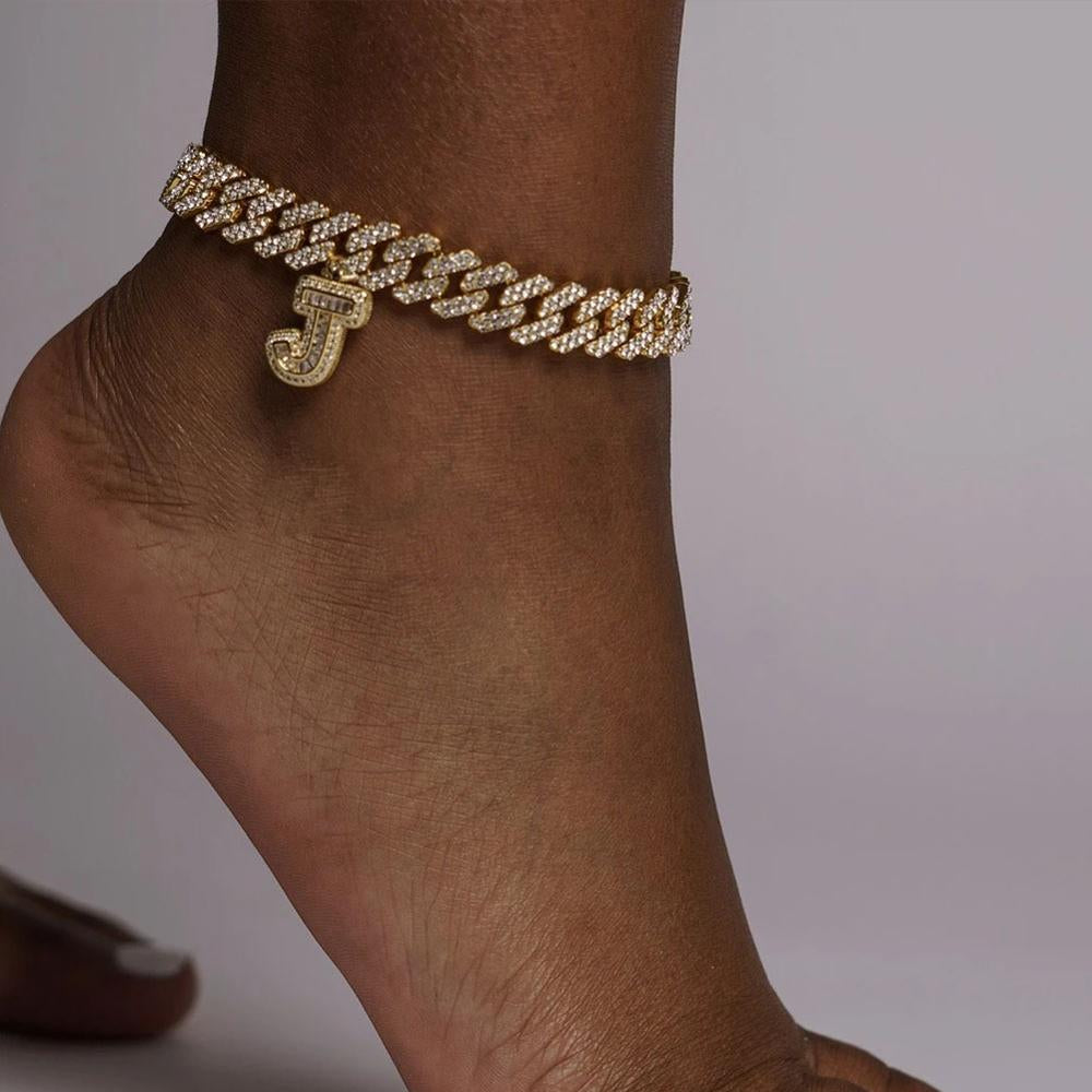 Stonefans A-Z Initial Letter Anklet Cuban Chain Jewelry for Women Miami Iced Out Cuban Baguette Anklet Zircon Ankle Bracelet