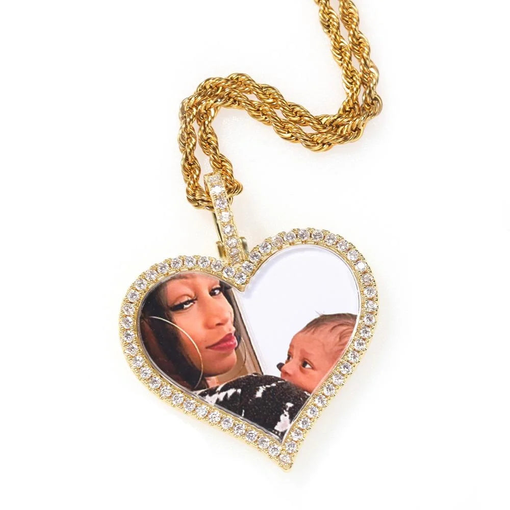 Custom Photo Necklace Heart Men Charm Hiphop Bling Iced Out Jewelry Solid Back for Gift Tennis Chain