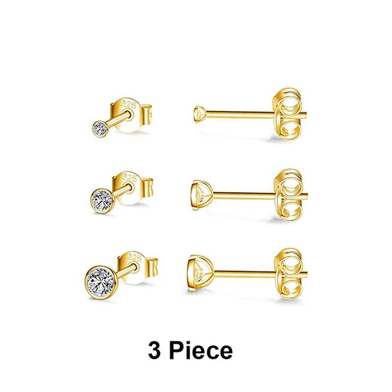 3Pcs round Zircon Gold Earrings for Women Real 925 Sterling Silver Mini Diamond Earrings Fashion Jewelry Pendientes Plata