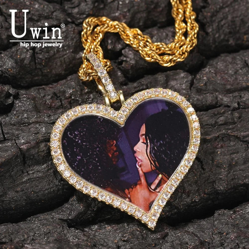 Custom Photo Necklace Heart Men Charm Hiphop Bling Iced Out Jewelry Solid Back for Gift Tennis Chain