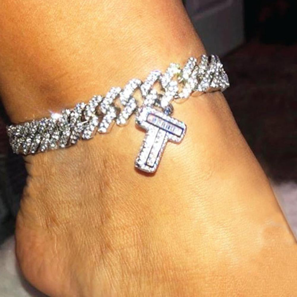 Stonefans A-Z Initial Letter Anklet Cuban Chain Jewelry for Women Miami Iced Out Cuban Baguette Anklet Zircon Ankle Bracelet