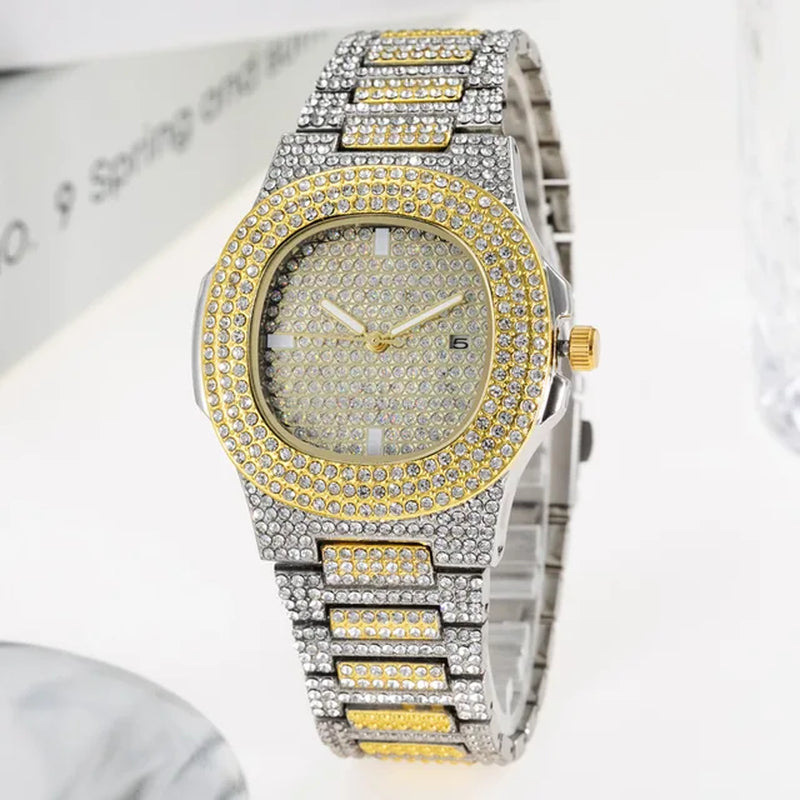 Brand Iced Out Diamond Watch Quartz Gold HIP HOP Watches with Micropave CZ Stainless Steel Watch Clock Relogio