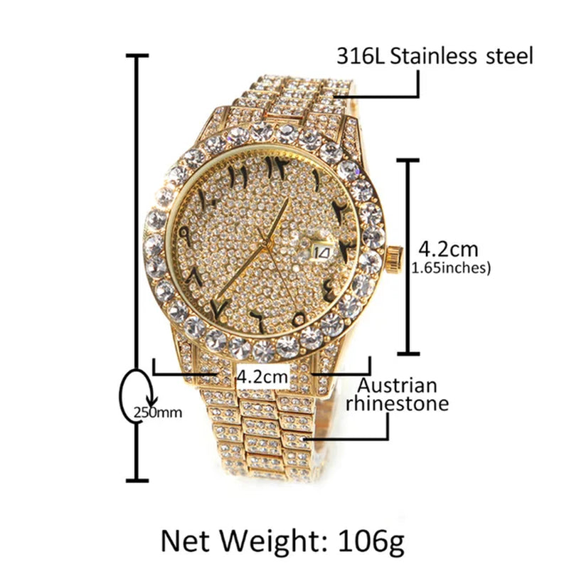 Big Dial Watch for Men Full Iced Out CZ Stainless Steel Belt Luxury Quartz Wrist Watches Hip Hop Watch