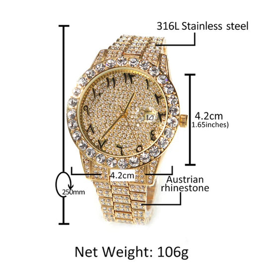 Big Dial Watch for Men Full Iced Out CZ Stainless Steel Belt Luxury Quartz Wrist Watches Hip Hop Watch