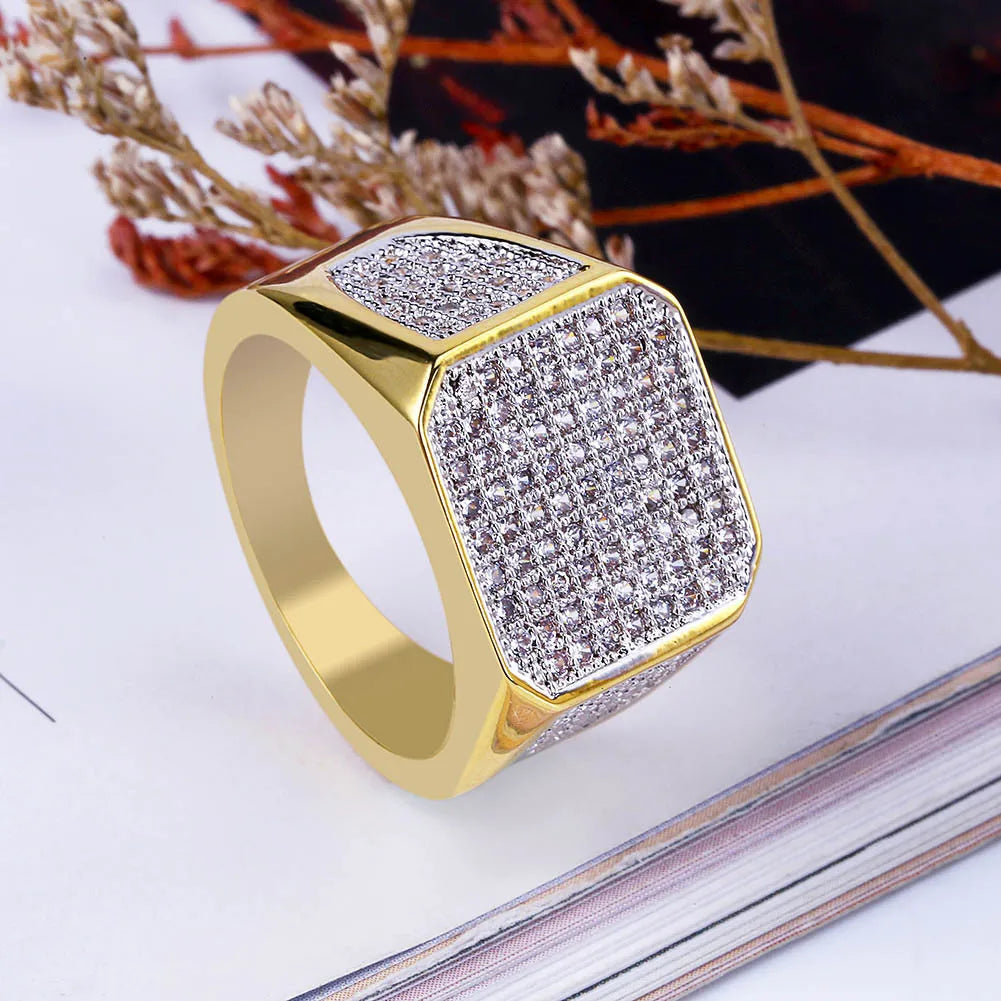 New Design, Gold Color Plated Ring, Micro Paved Big Zircon, Hip Hop Finger Ring for Men and Women